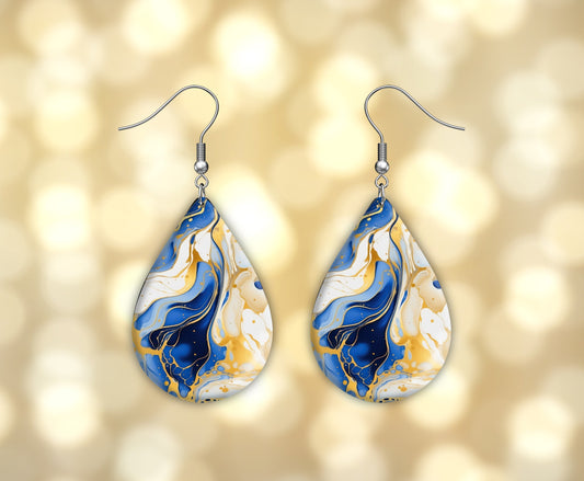 Blue White and Gold Marble Print Earrings Print Tear Drop Wood Dangle Earrings Hypoallergenic Jewelry