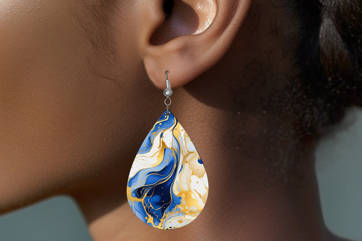 Blue White and Gold Marble Print Earrings Print Tear Drop Wood Dangle Earrings Hypoallergenic Jewelry