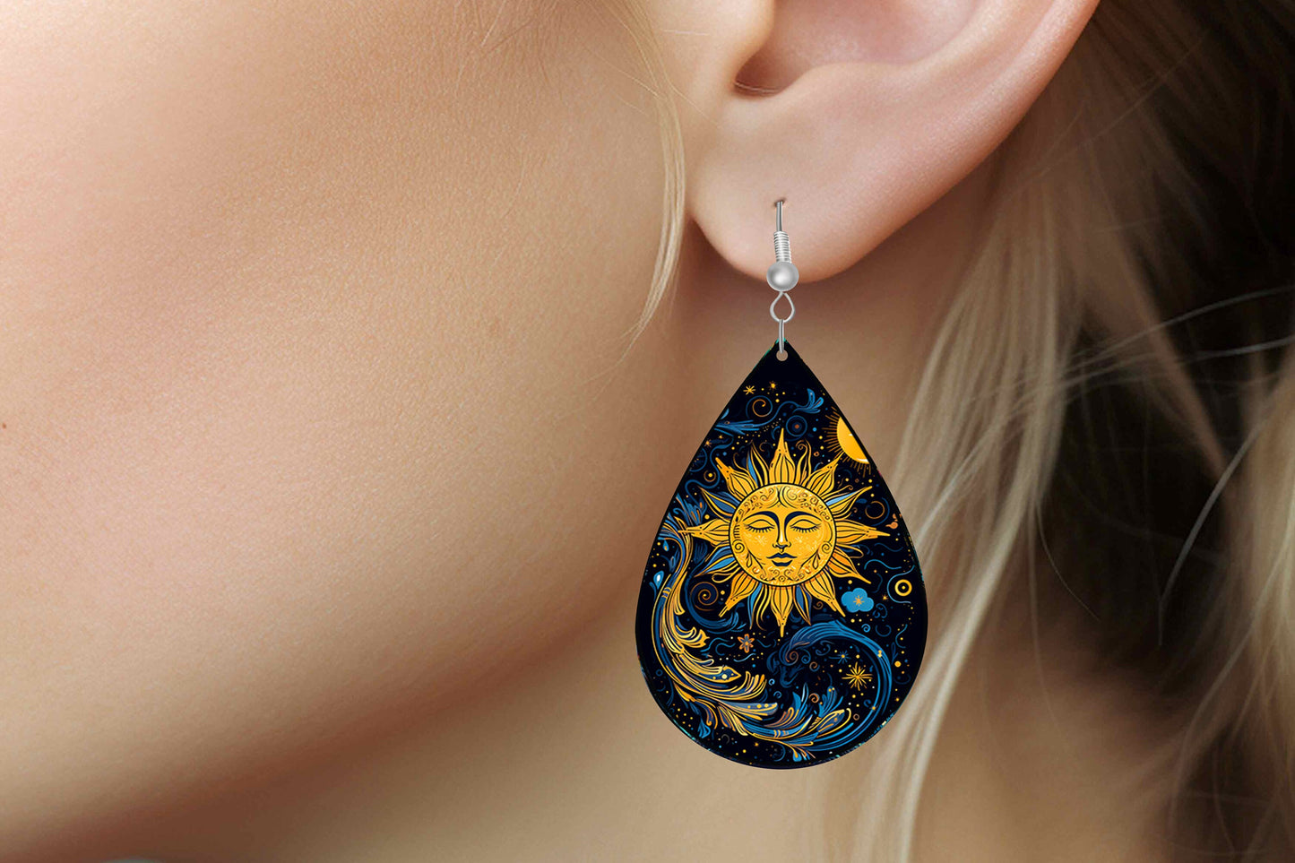 Celestial Sun Print Earrings Print Tear Drop Wood Dangle Earrings Hypoallergenic Jewelry