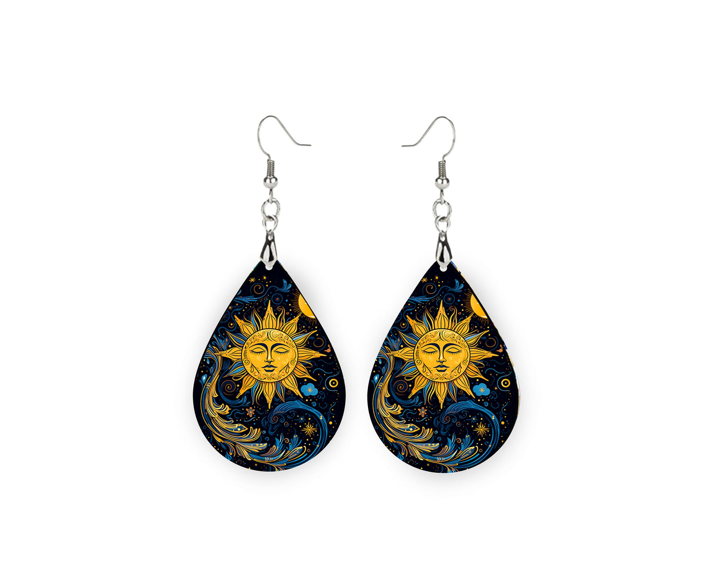 Celestial Sun Print Earrings Print Tear Drop Wood Dangle Earrings Hypoallergenic Jewelry