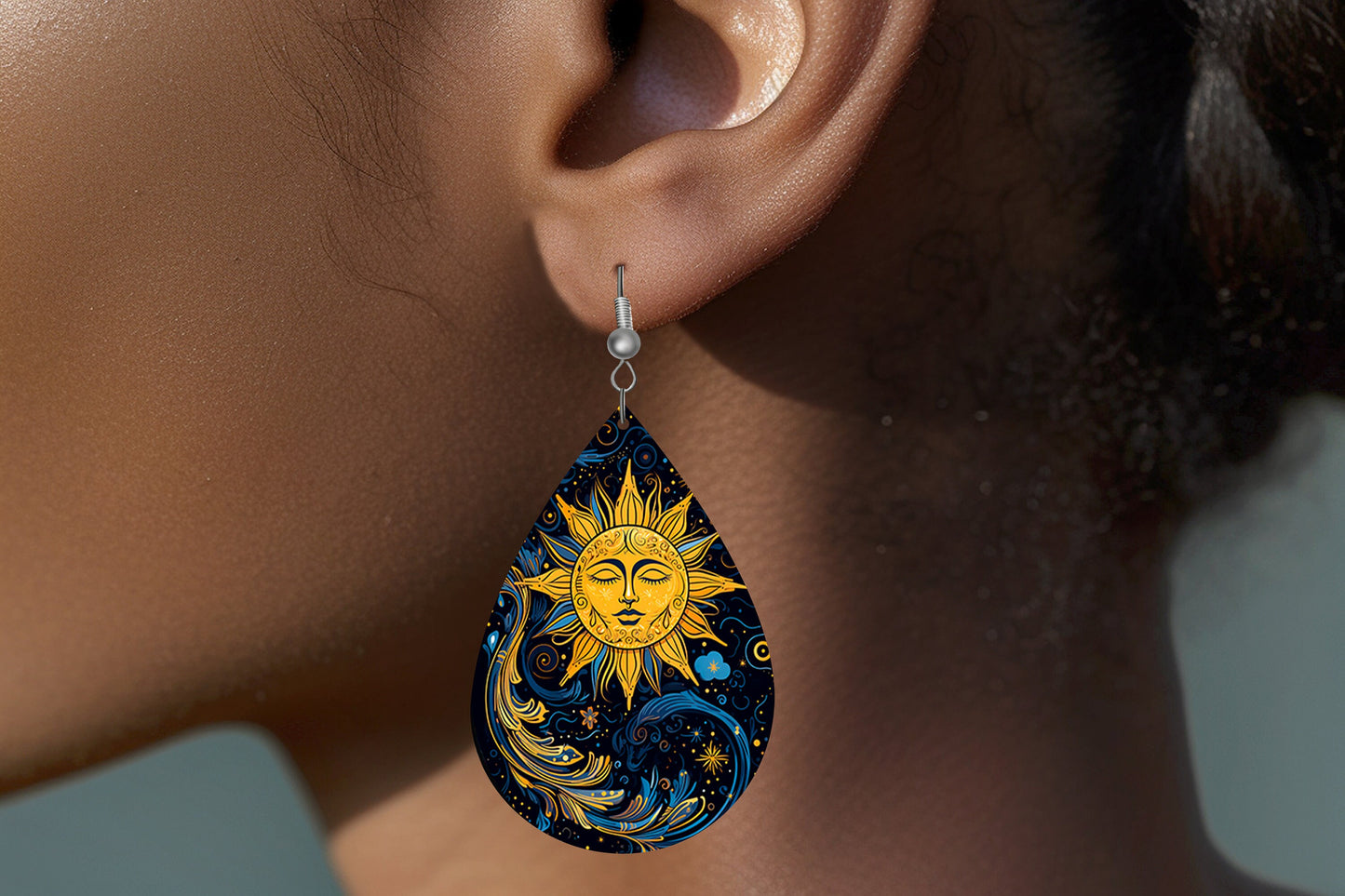 Celestial Sun Print Earrings Print Tear Drop Wood Dangle Earrings Hypoallergenic Jewelry