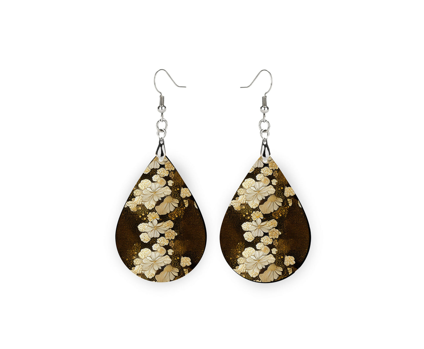 Cream and Bronze Floral Print Earrings Print Tear Drop Wood Dangle Earrings Hypoallergenic Jewelry