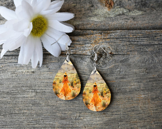 Desert Stroll Print Earrings Print Tear Drop Wood Dangle Earrings Hypoallergenic Jewelry