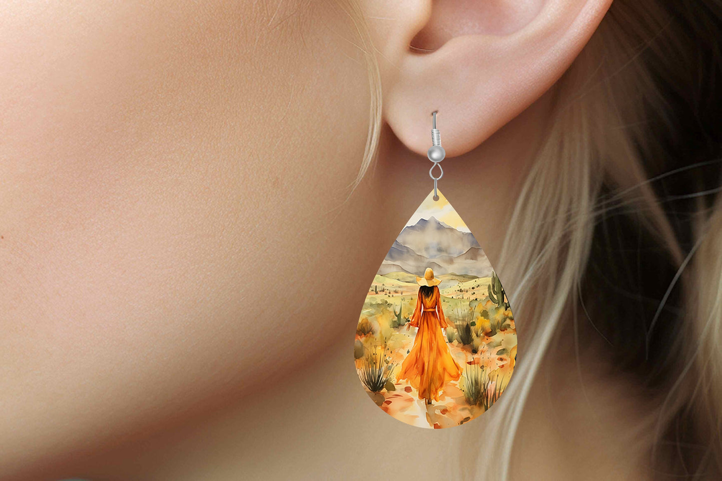 Desert Stroll Print Earrings Print Tear Drop Wood Dangle Earrings Hypoallergenic Jewelry