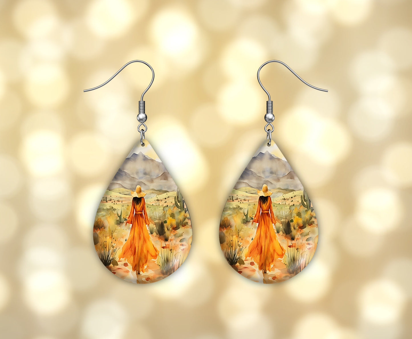 Desert Stroll Print Earrings Print Tear Drop Wood Dangle Earrings Hypoallergenic Jewelry