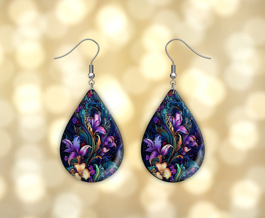 Floral Bioluminescence Print Earrings Print Tear Drop Wood Dangle Earrings Hypoallergenic Jewelry