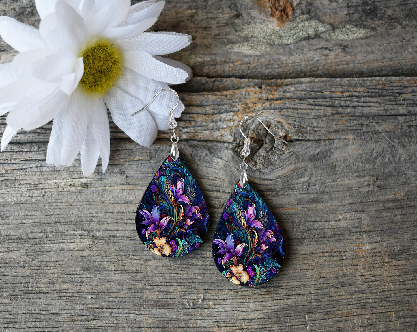 Floral Bioluminescence Print Earrings Print Tear Drop Wood Dangle Earrings Hypoallergenic Jewelry