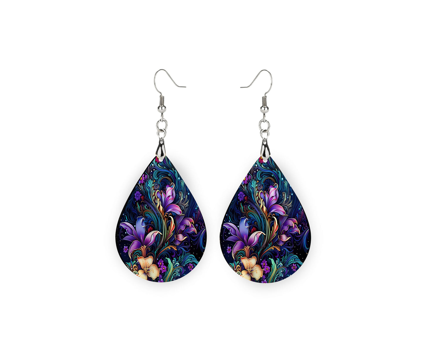 Floral Bioluminescence Print Earrings Print Tear Drop Wood Dangle Earrings Hypoallergenic Jewelry