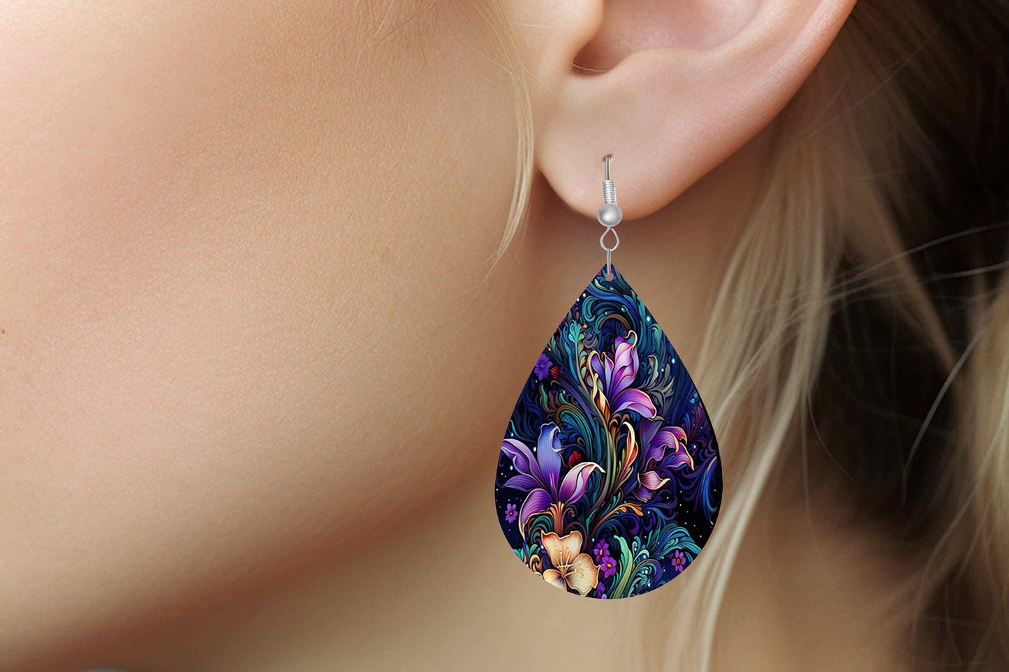 Floral Bioluminescence Print Earrings Print Tear Drop Wood Dangle Earrings Hypoallergenic Jewelry