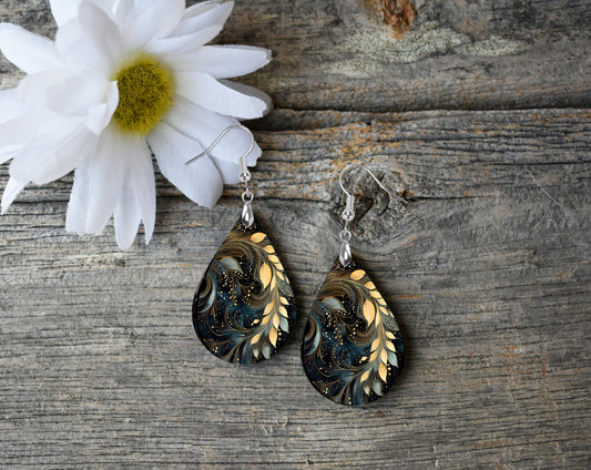 Gold Leaves Print Earrings Print Tear Drop Wood Dangle Earrings Hypoallergenic Jewelry