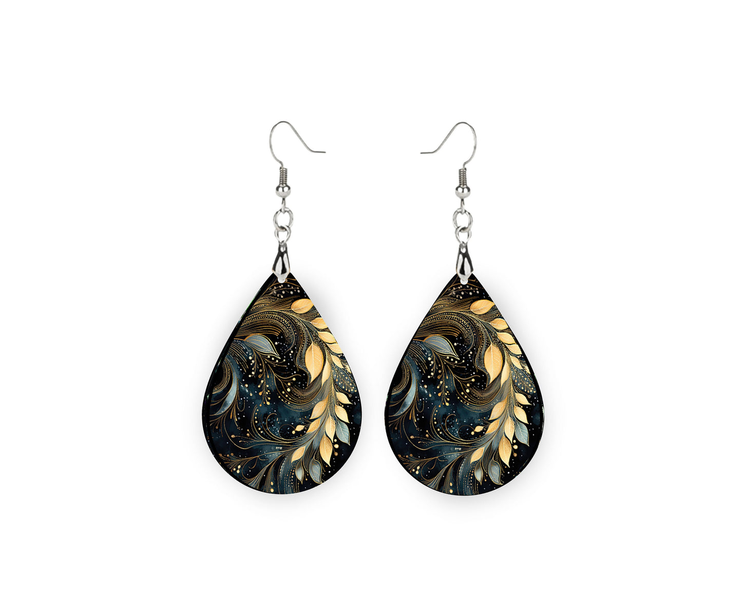 Gold Leaves Print Earrings Print Tear Drop Wood Dangle Earrings Hypoallergenic Jewelry