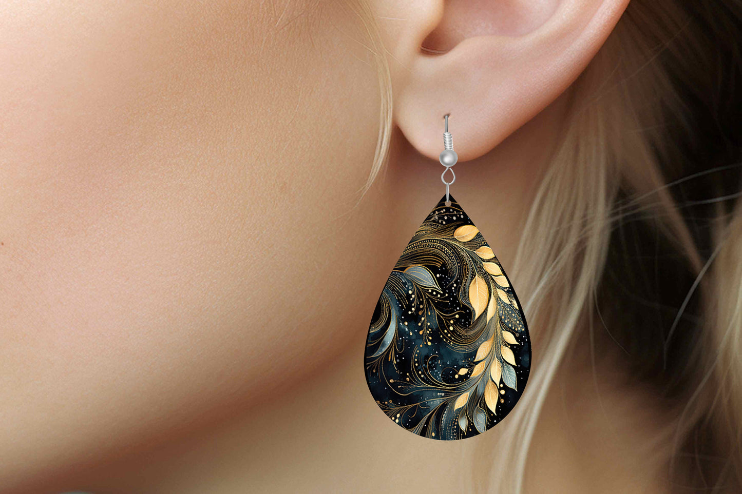 Gold Leaves Print Earrings Print Tear Drop Wood Dangle Earrings Hypoallergenic Jewelry