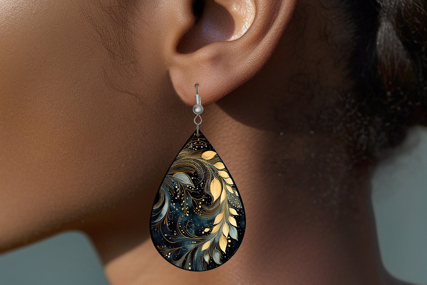 Gold Leaves Print Earrings Print Tear Drop Wood Dangle Earrings Hypoallergenic Jewelry