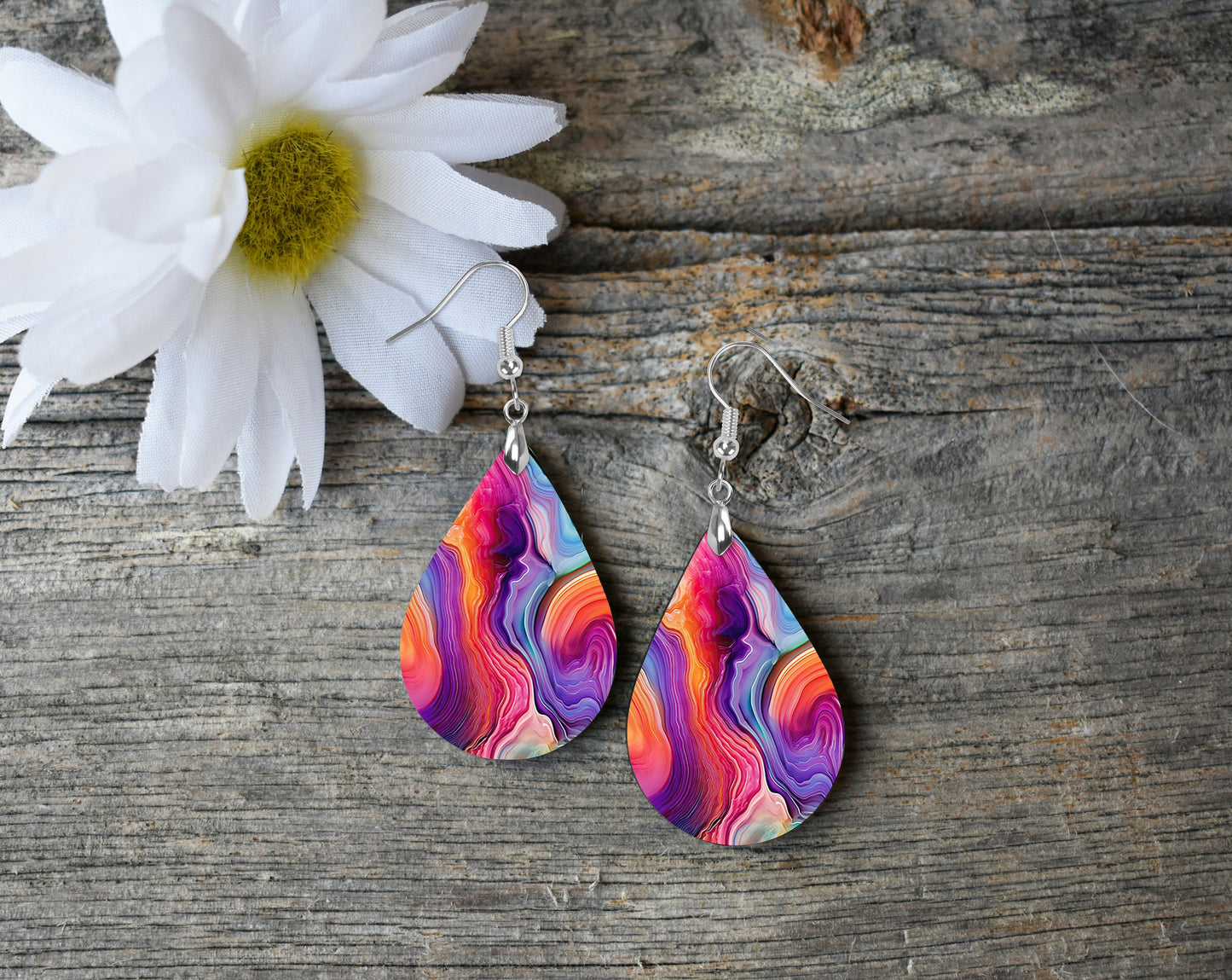 Agate Flow Print Earrings Print Tear Drop Wood Dangle Earrings Hypoallergenic Jewelry