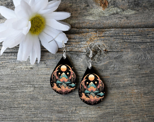 Art Deco Moon Print Earrings Print Tear Drop Wood Dangle Earrings Hypoallergenic Jewelry