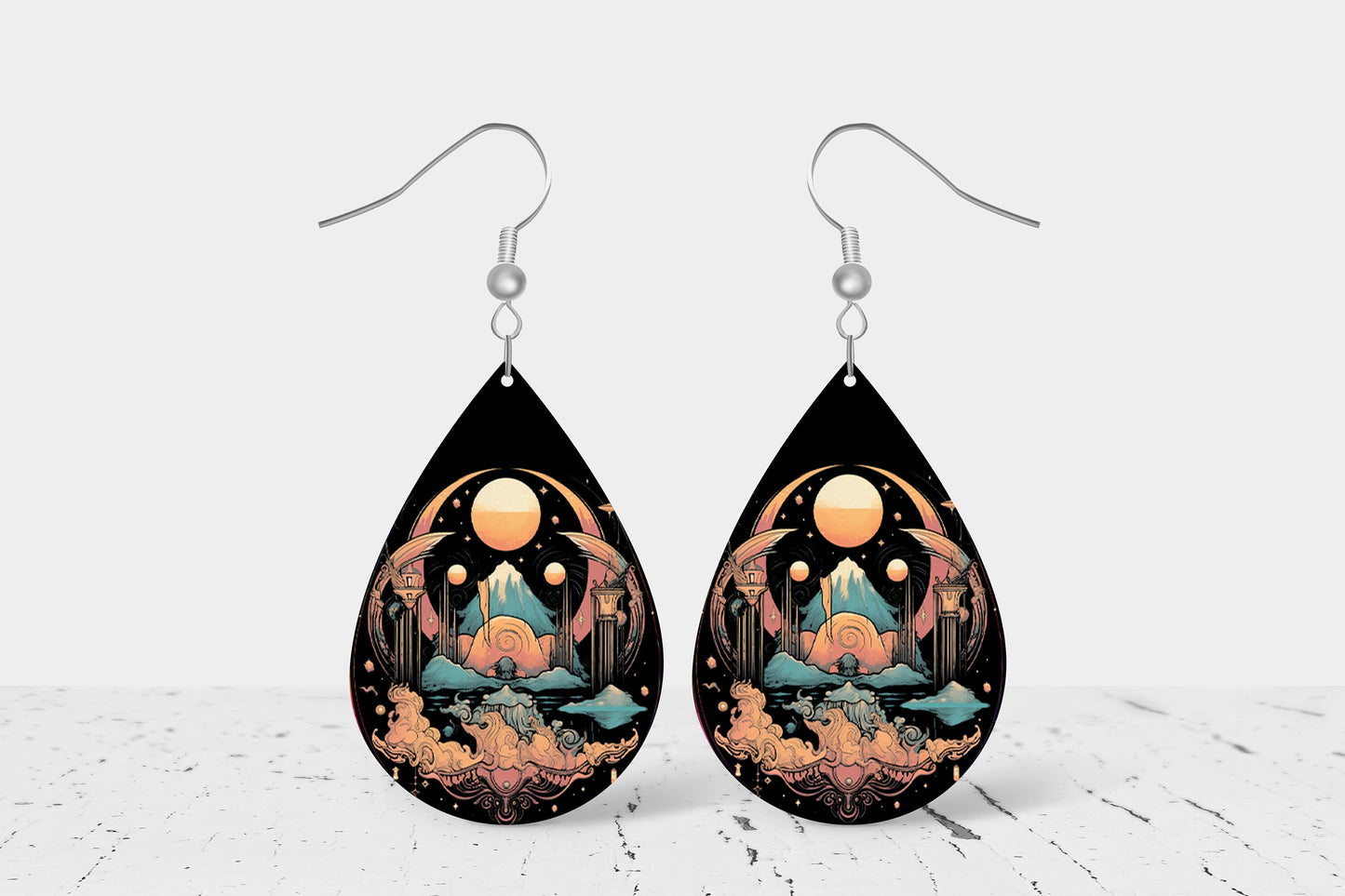 Art Deco Moon Print Earrings Print Tear Drop Wood Dangle Earrings Hypoallergenic Jewelry