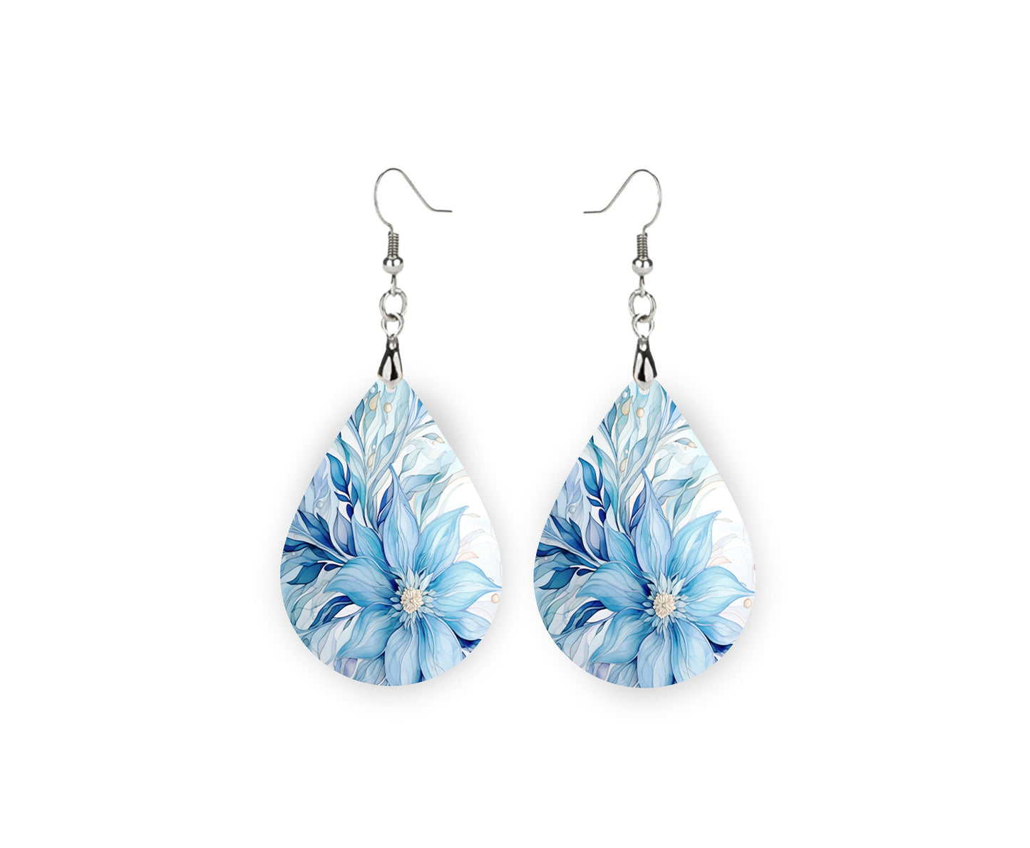 Blue Tropical Flowers Print Earrings Print Tear Drop Wood Dangle Earrings Hypoallergenic Jewelry