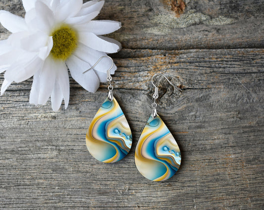 Blue Yellow Moonscape Print Earrings Print Tear Drop Wood Dangle Earrings Hypoallergenic Jewelry