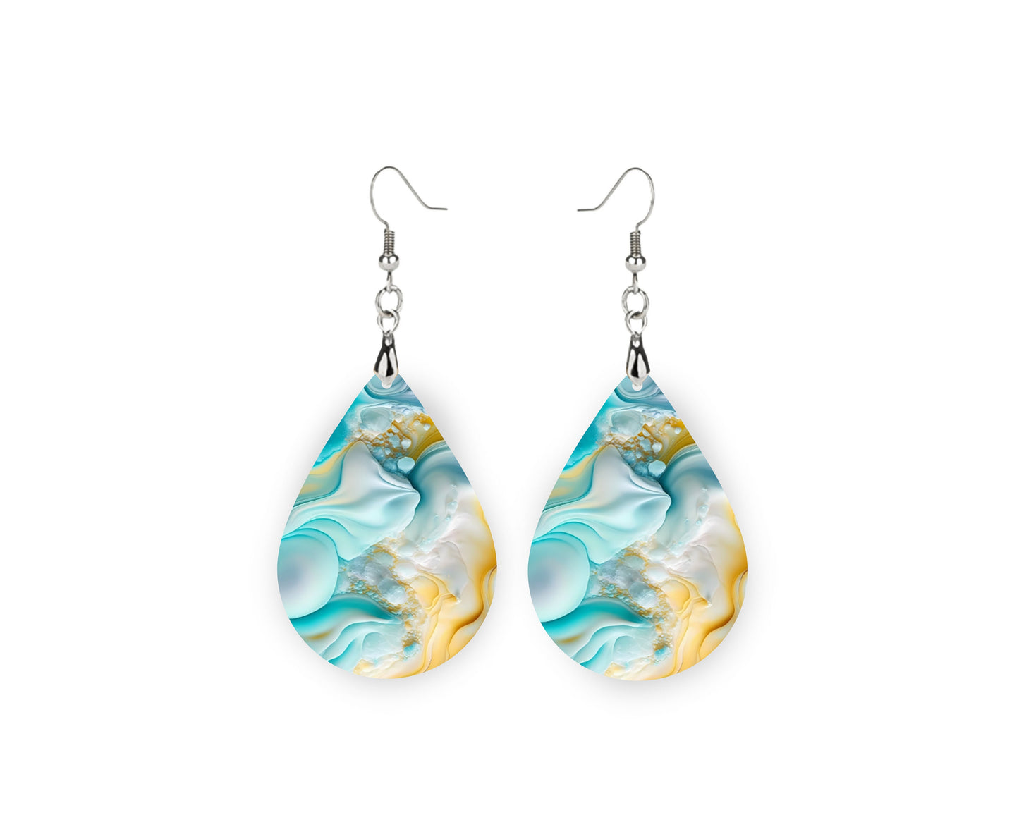 Blue Yellow Swirl Print Earrings Print Tear Drop Wood Dangle Earrings Hypoallergenic Jewelry