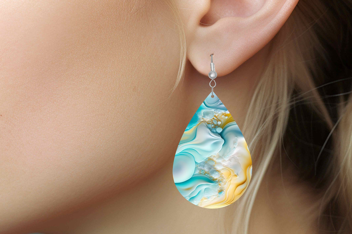 Blue Yellow Swirl Print Earrings Print Tear Drop Wood Dangle Earrings Hypoallergenic Jewelry