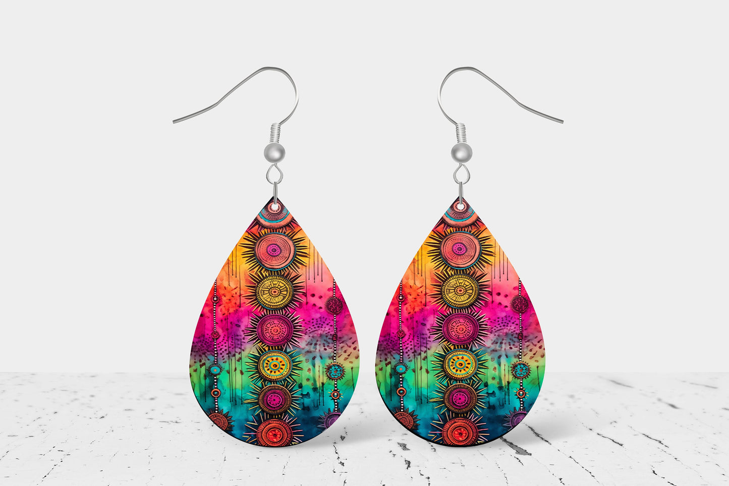 Boho Tie Dye Print Earrings Print Tear Drop Wood Dangle Earrings Hypoallergenic Jewelry