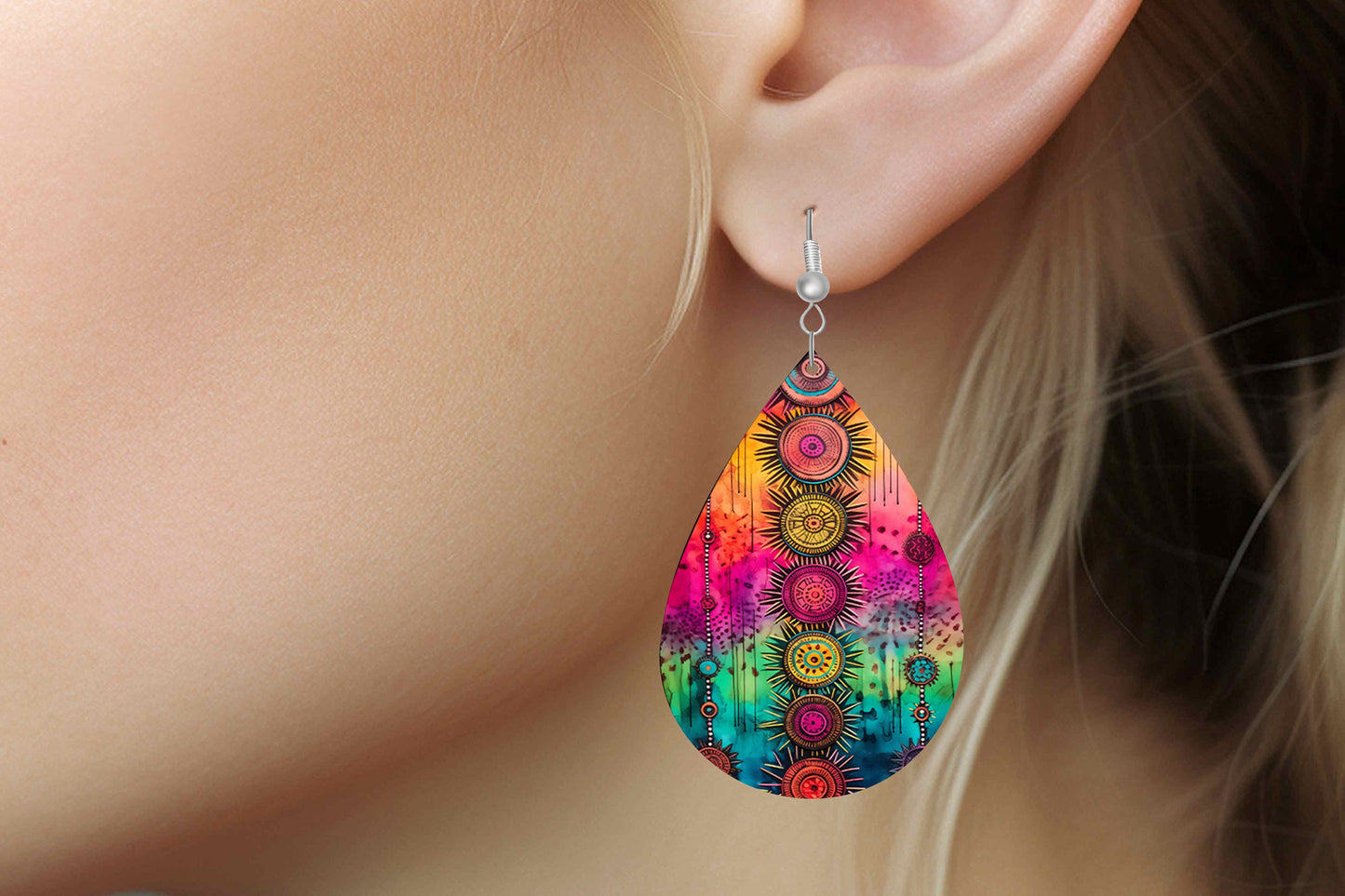 Boho Tie Dye Print Earrings Print Tear Drop Wood Dangle Earrings Hypoallergenic Jewelry