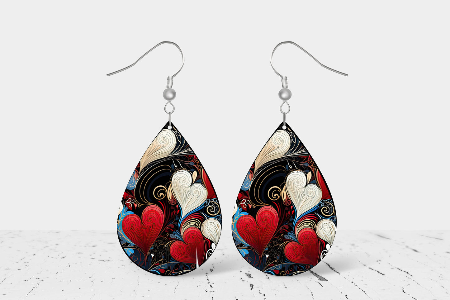 Abstract Heart Earrings Print Tear Drop Wood Dangle Earrings Hypoallergenic Jewelry, Valentine's Day