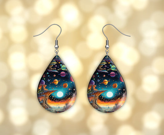 Alien Galaxy Print Earrings Print Tear Drop Wood Dangle Earrings Hypoallergenic Jewelry