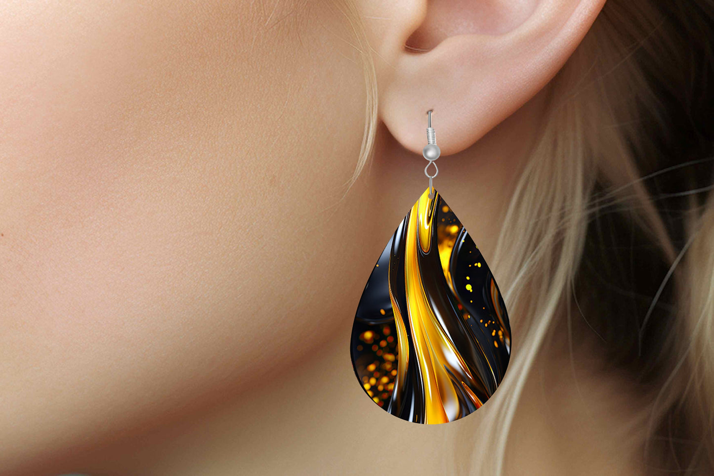 Amber and Black Print Earrings Print Tear Drop Wood Dangle Earrings Hypoallergenic Jewelry