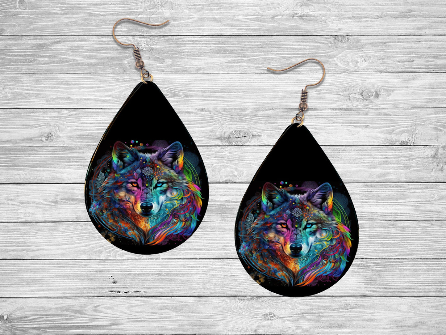 Beautiful Wolf Print Earrings Print Tear Drop Wood Dangle Earrings Hypoallergenic Jewelry