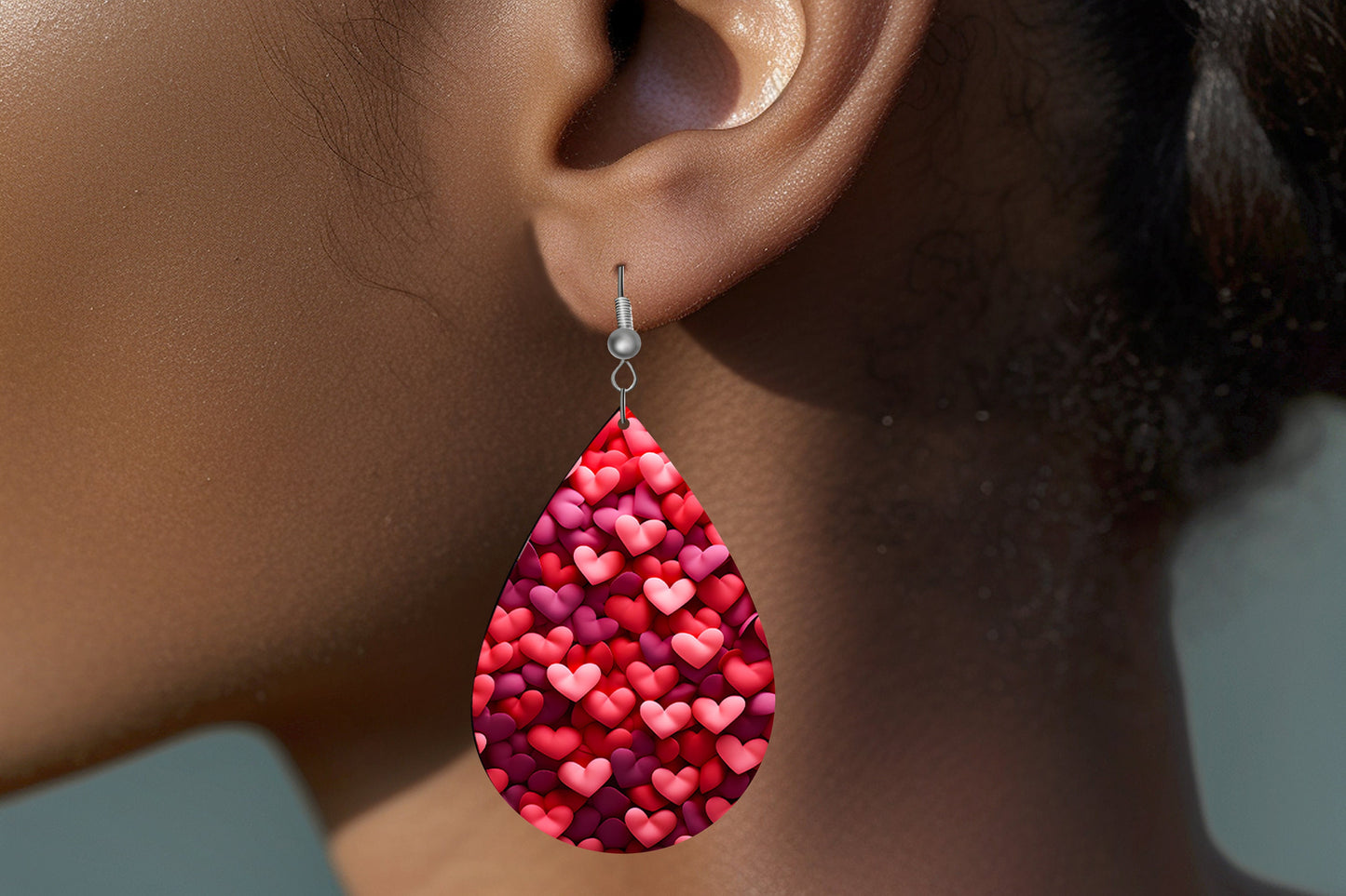 Pink on Pink Hearts Valentine's Day Earrings, Teardrop Dangle Printed Earrings Jewelry Handmade