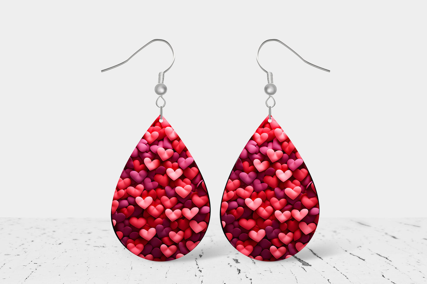 Pink on Pink Hearts Valentine's Day Earrings, Teardrop Dangle Printed Earrings Jewelry Handmade