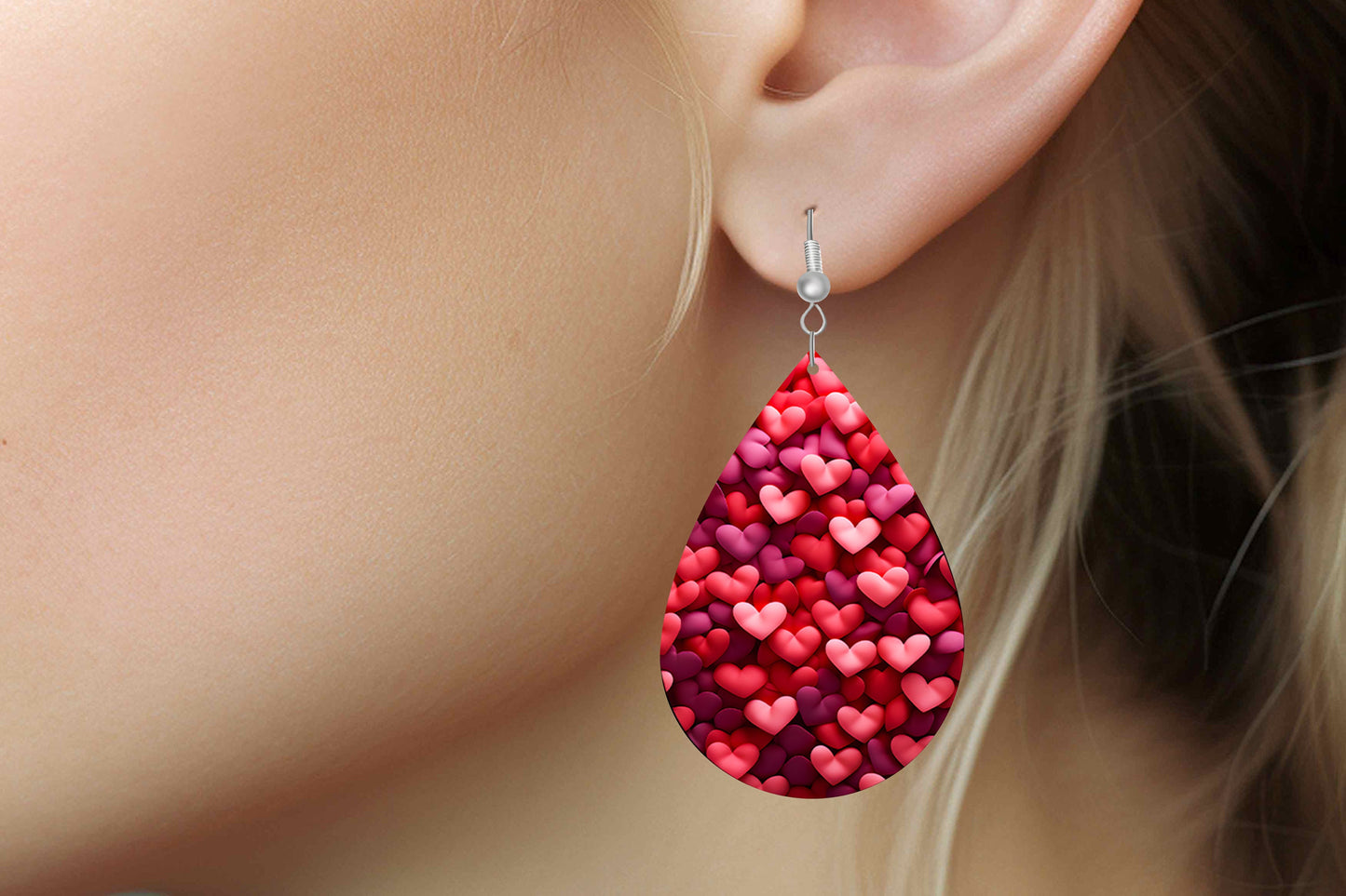 Pink on Pink Hearts Valentine's Day Earrings, Teardrop Dangle Printed Earrings Jewelry Handmade