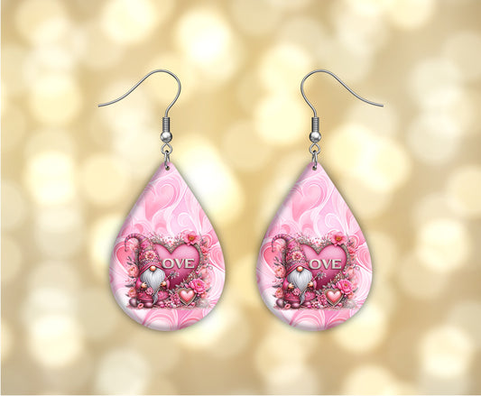 Pink Swirl Love Gnome Valentine's Day Earrings, Teardrop Dangle Printed Earrings Jewelry Handmade