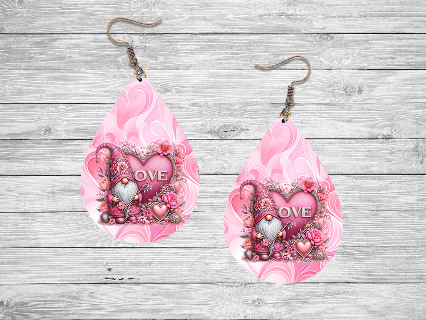 Pink Swirl Love Gnome Valentine's Day Earrings, Teardrop Dangle Printed Earrings Jewelry Handmade