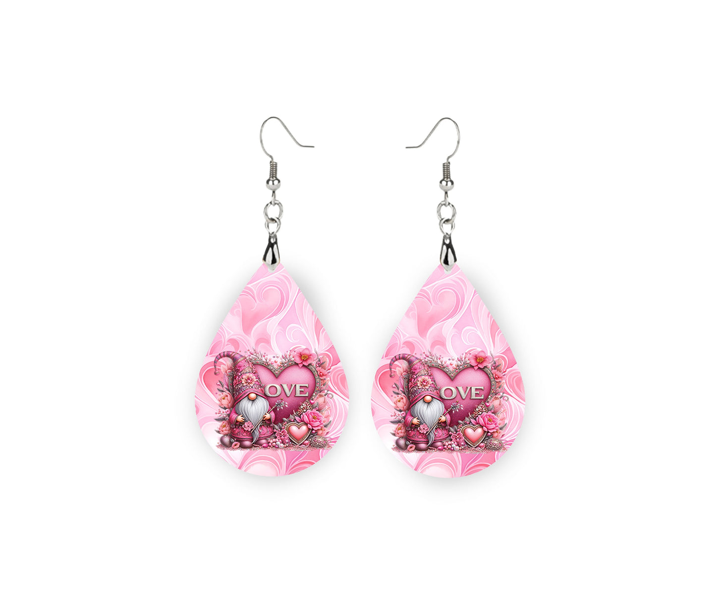 Pink Swirl Love Gnome Valentine's Day Earrings, Teardrop Dangle Printed Earrings Jewelry Handmade