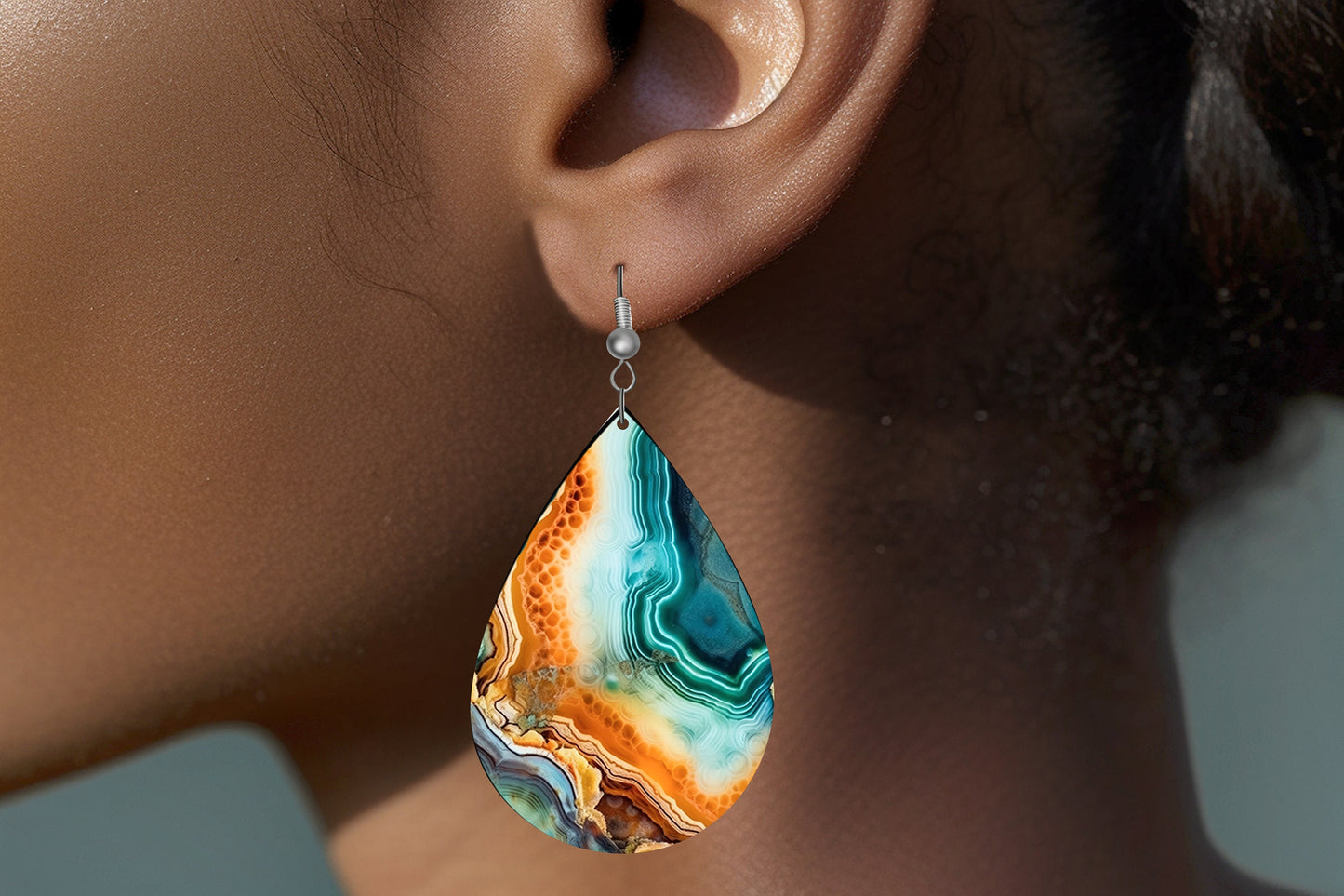 Agate Wave Earrings, Teardrop Dangle Printed Earrings Jewelry Handmade