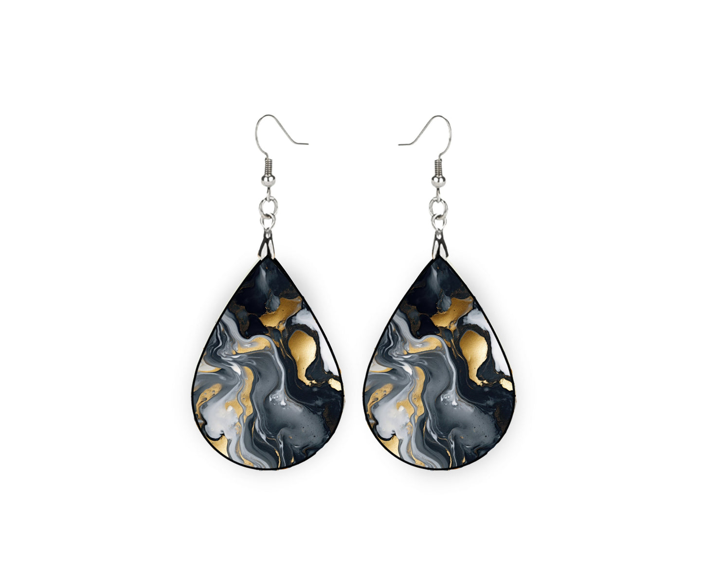 Black and Gray Swirl Earrings, Teardrop Dangle Printed Earrings Jewelry Handmade