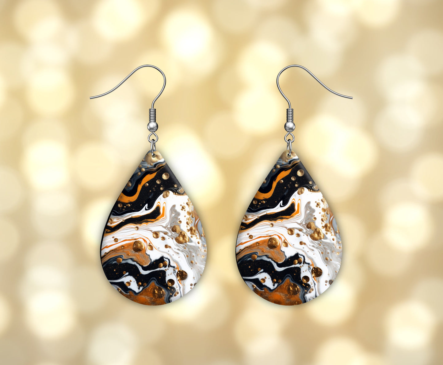 Black, White and Bronze Swirl Earrings, Teardrop Dangle Printed Earrings Jewelry Handmade