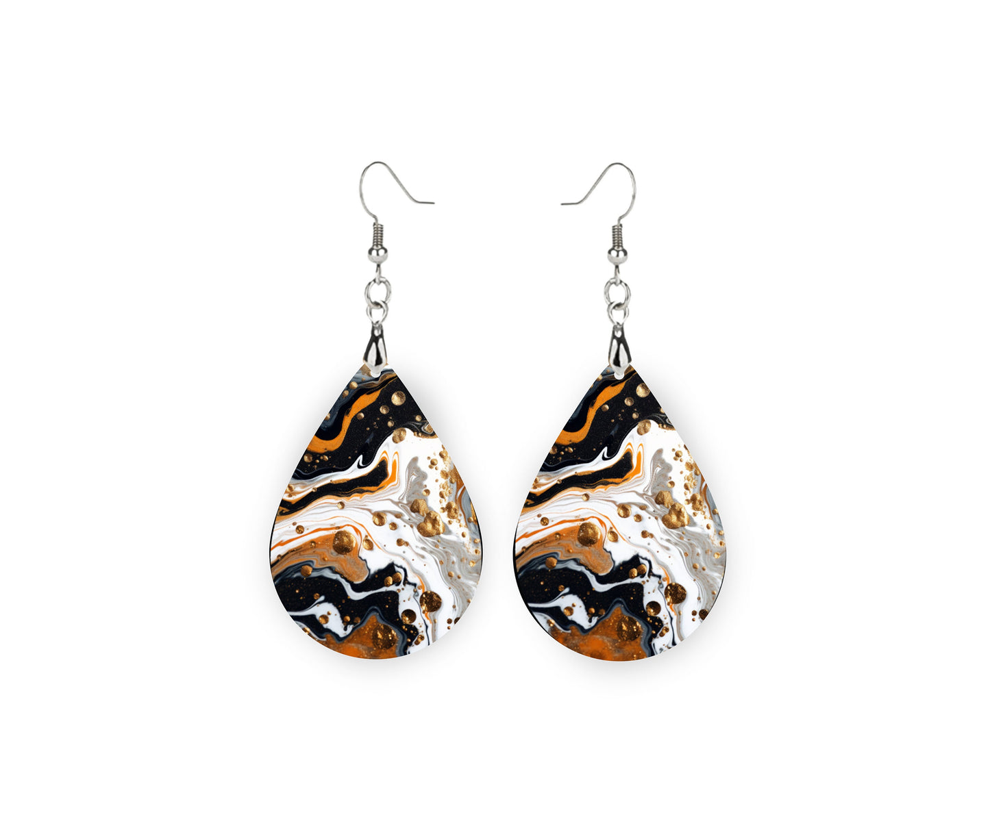 Black, White and Bronze Swirl Earrings, Teardrop Dangle Printed Earrings Jewelry Handmade