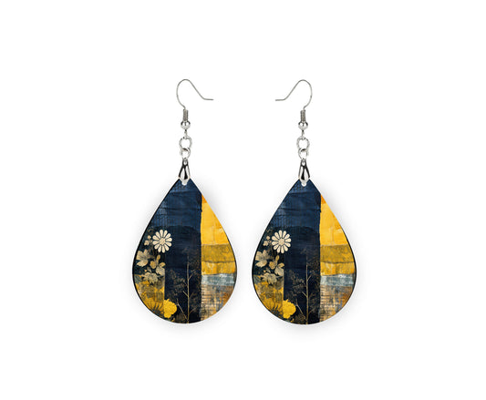 Navy and Mustard Patchwork Earrings, Teardrop Dangle Printed Earrings Jewelry Handmade