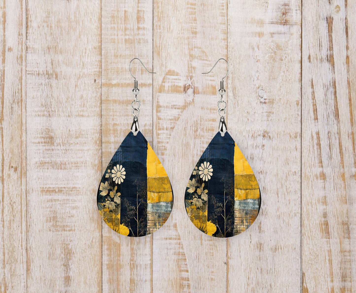 Navy and Mustard Patchwork Earrings, Teardrop Dangle Printed Earrings Jewelry Handmade