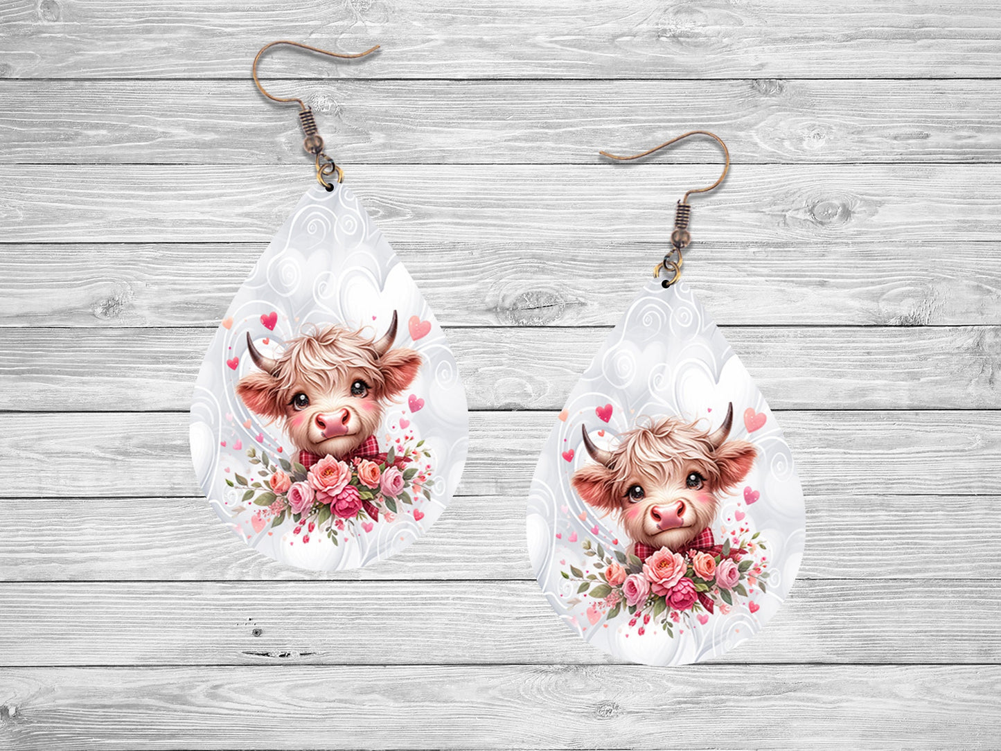 Pink Floral Highland Cow Valentine's Day Earrings, Teardrop Dangle Printed Earrings Jewelry Handmade