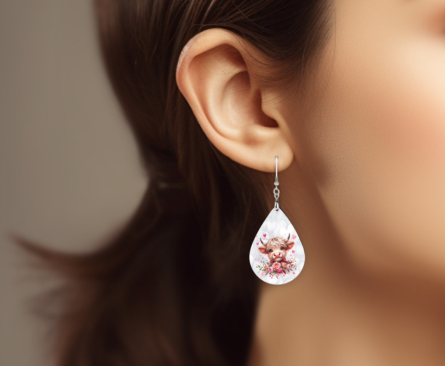 Pink Floral Highland Cow Valentine's Day Earrings, Teardrop Dangle Printed Earrings Jewelry Handmade