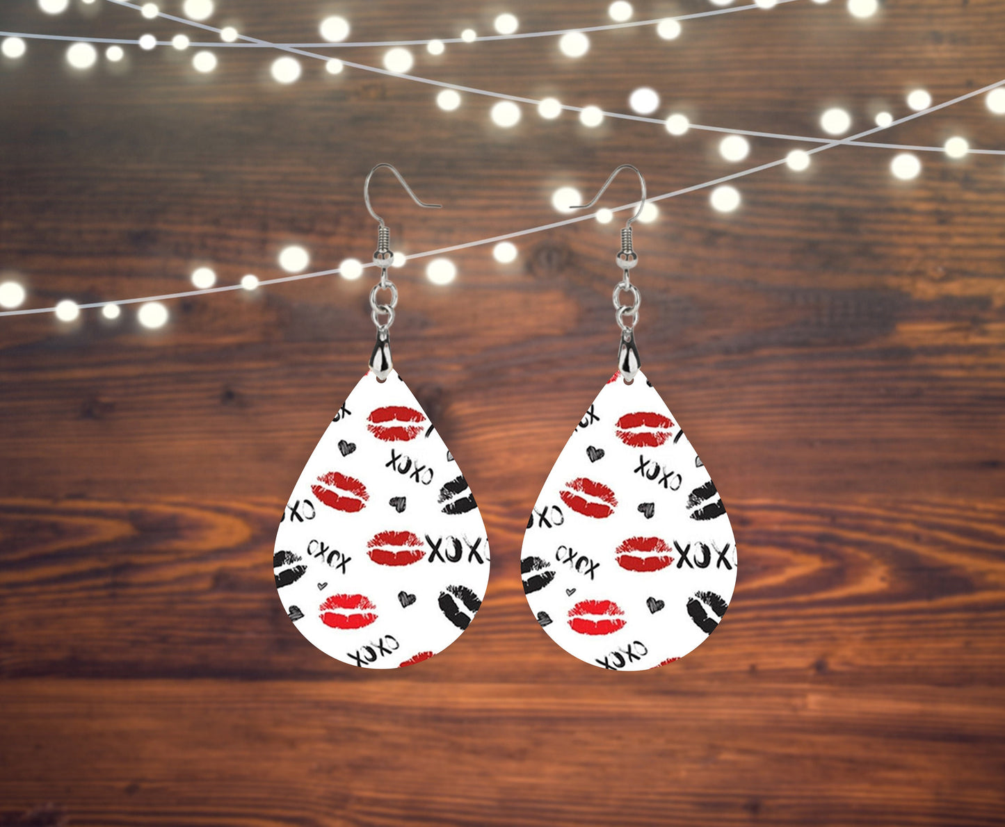 XOXO Lips Earrings Print Tear Drop Wood Dangle Earrings Hypoallergenic Jewelry, Valentine's Day