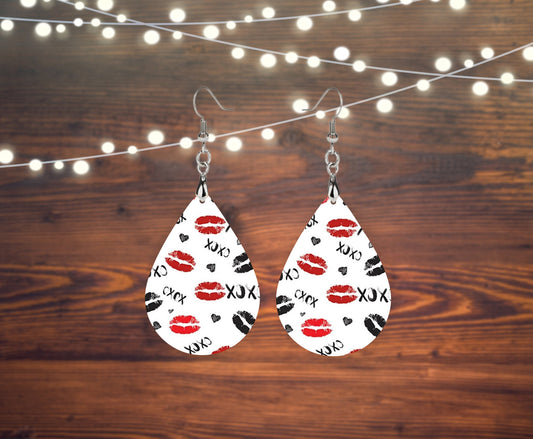 XOXO Lips Earrings Print Tear Drop Wood Dangle Earrings Hypoallergenic Jewelry, Valentine's Day