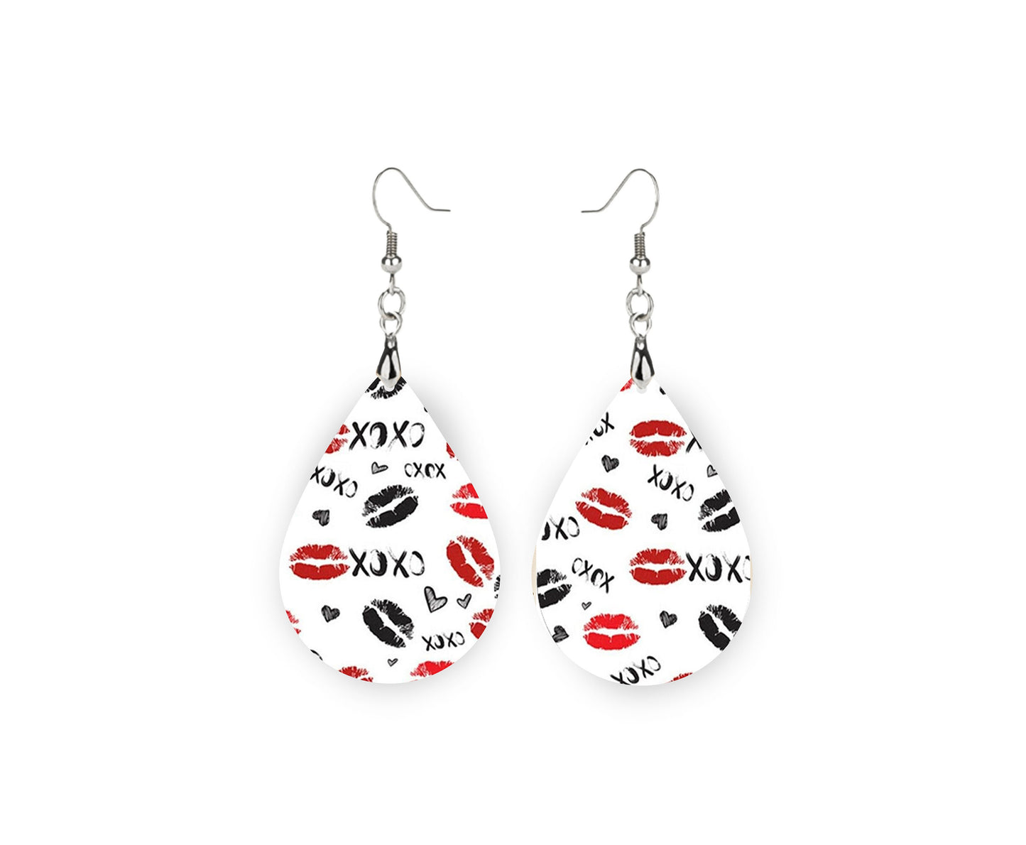 XOXO Lips Earrings Print Tear Drop Wood Dangle Earrings Hypoallergenic Jewelry, Valentine's Day