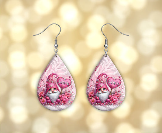 Pink Gnome Love Earrings Print Tear Drop Wood Dangle Earrings Hypoallergenic Jewelry, Valentine's Day