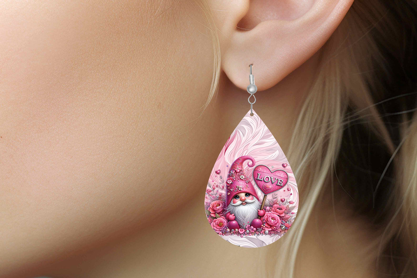 Pink Gnome Love Earrings Print Tear Drop Wood Dangle Earrings Hypoallergenic Jewelry, Valentine's Day