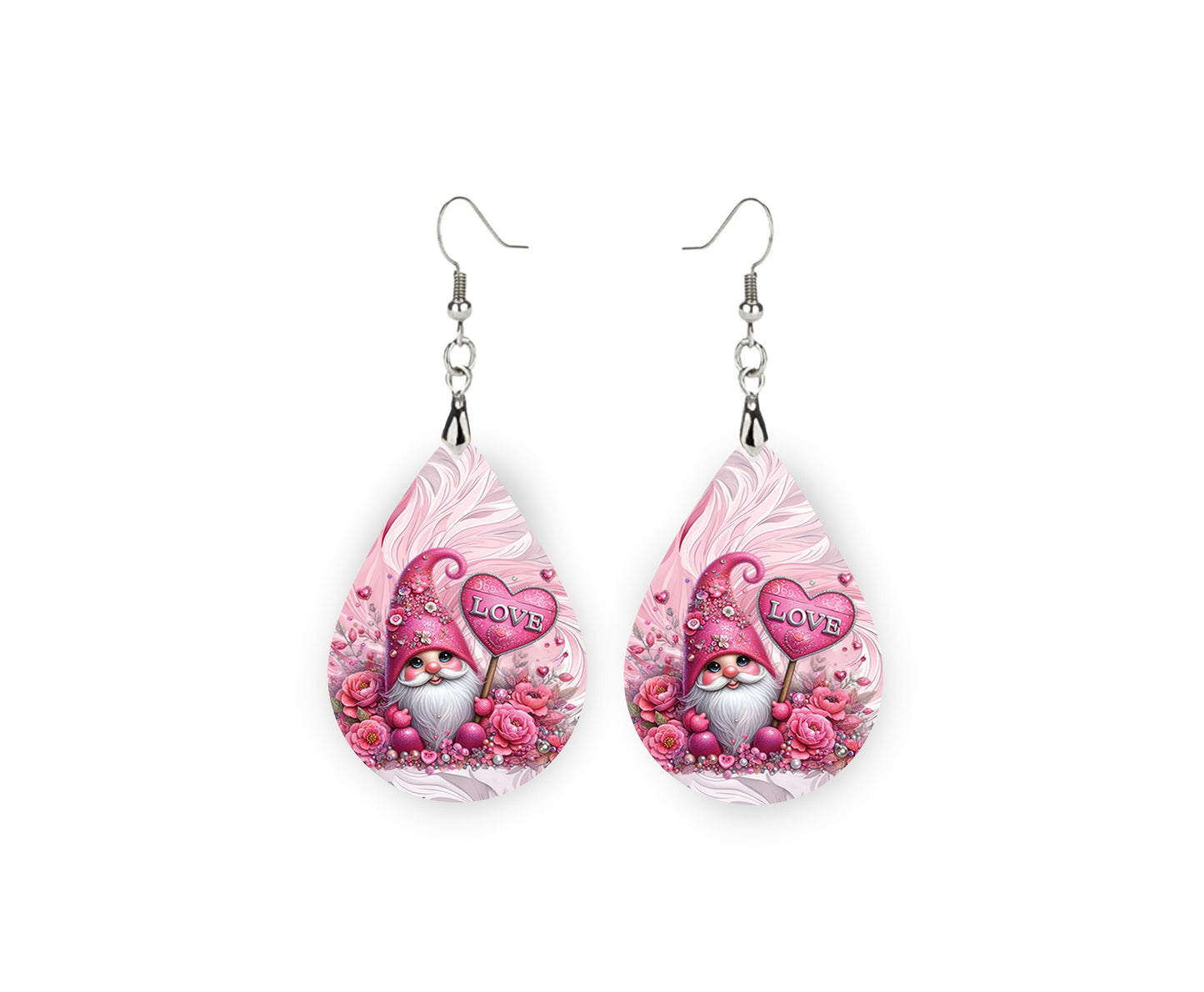 Pink Gnome Love Earrings Print Tear Drop Wood Dangle Earrings Hypoallergenic Jewelry, Valentine's Day